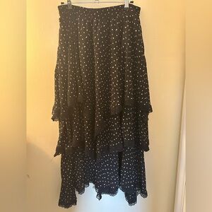 Black Tiered Skirt with Cream Dot Print